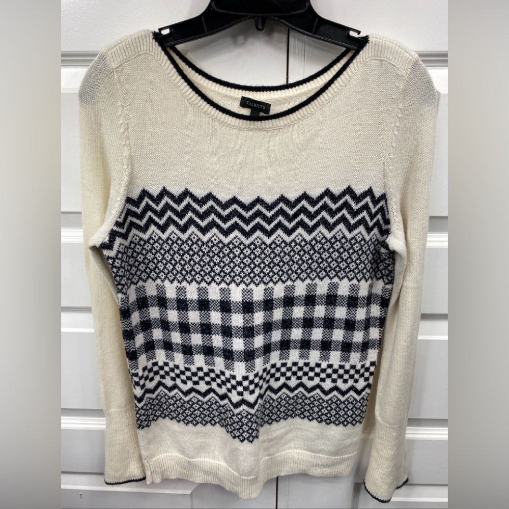 Talbots Black & White Geometric Wool Blend Romantic Cozy  Sweater Small